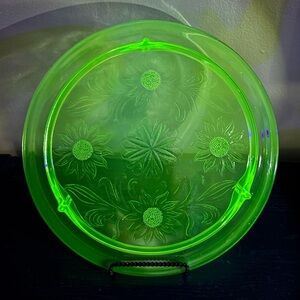 Vintage Green Glass Plate with Sunflower Design